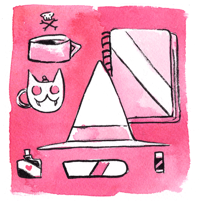 Watercolor Gif in pretty bright pink with a witch hat, winking cat-claw, coffee, and other casual objects for a witch on-the-go.