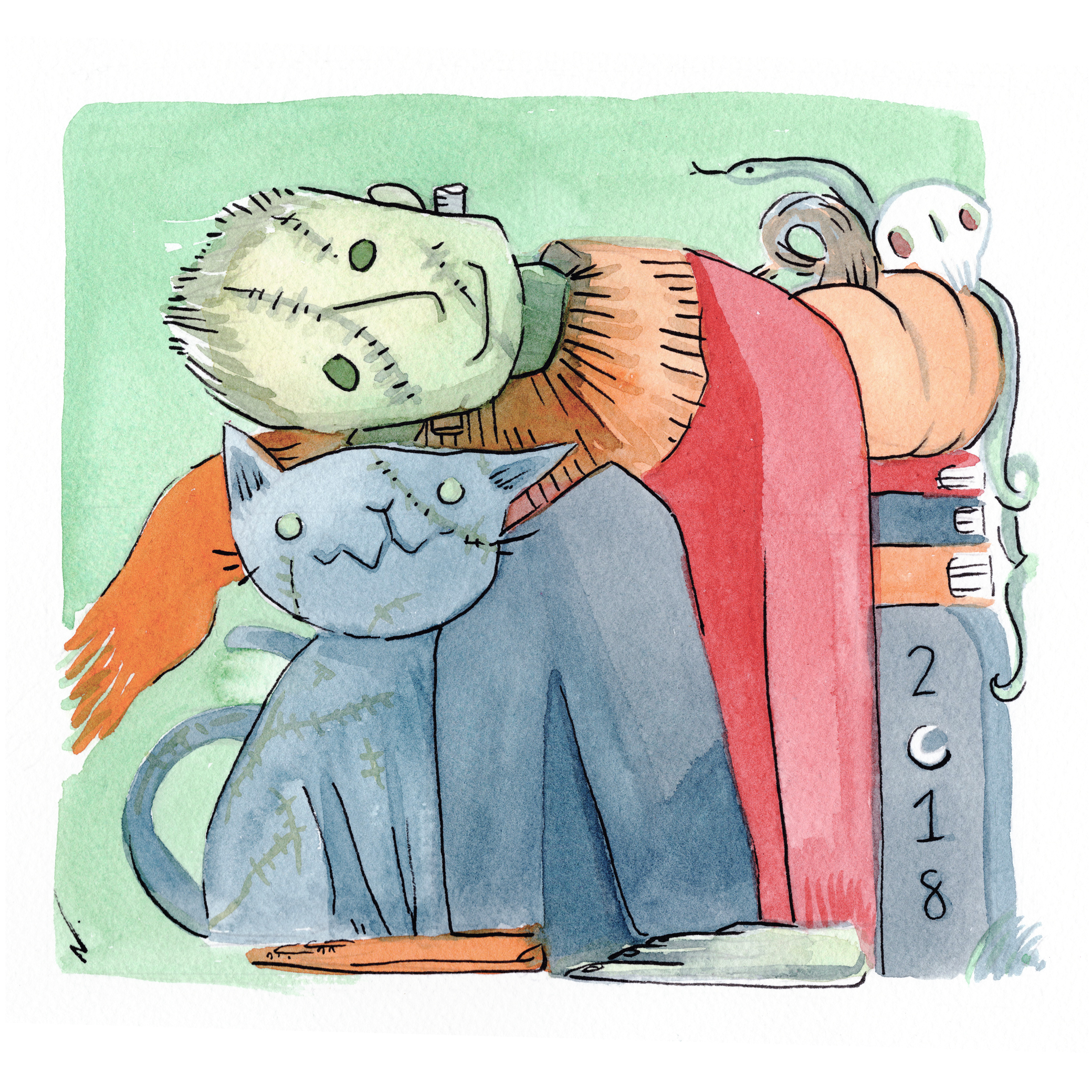 Watercolor Frankenstein and Franken-Cat, next to books, pumpkin, and skull for a halloween reading list.