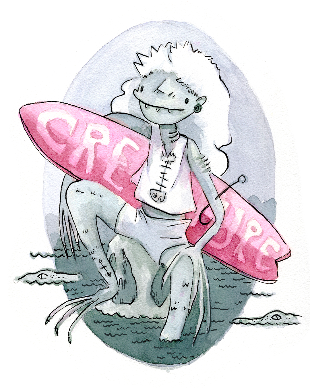 Watercolor surf swamp monster with neon pink surfboard.