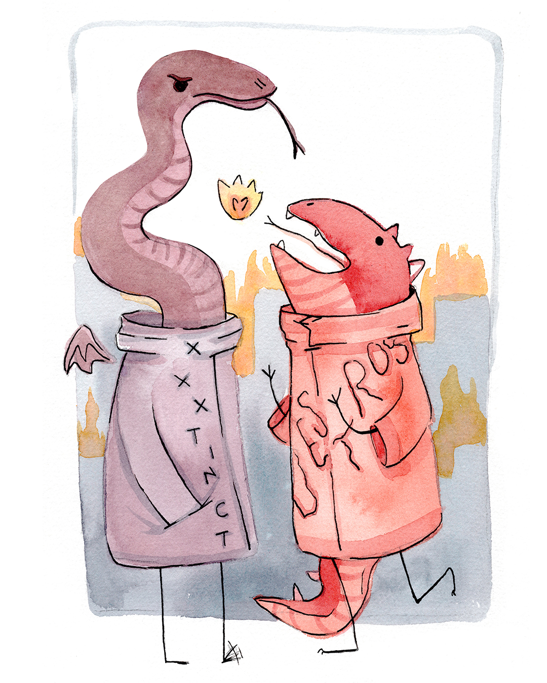 Two hip watercolor dino monsters hanging out in front of a burning city.