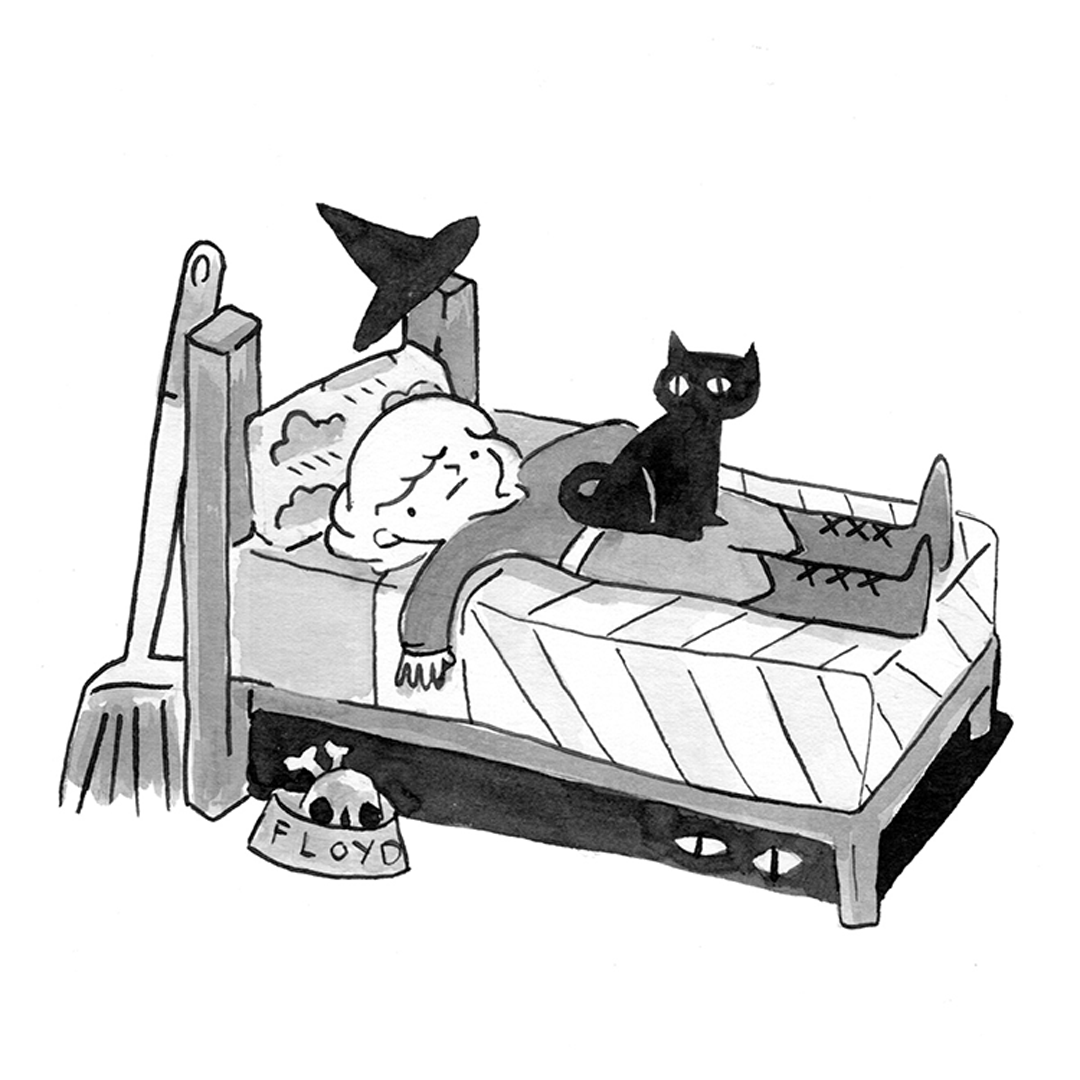 Ink Gif in black and white of a witch laying on her bed with her cat, broom, and monster under the bed.