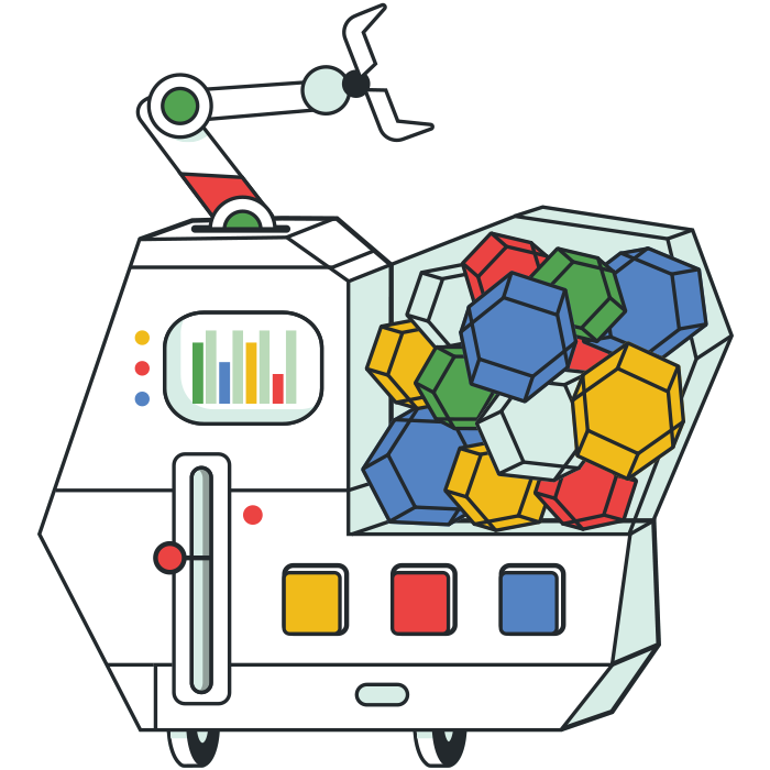 A machine with an arm to pick up colorful blocks named Poly-bot.